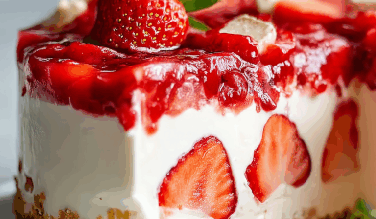 A rich slice of strawberry crunch cheesecake topped with golden crumb topping, glossy strawberry glaze, and fresh mint