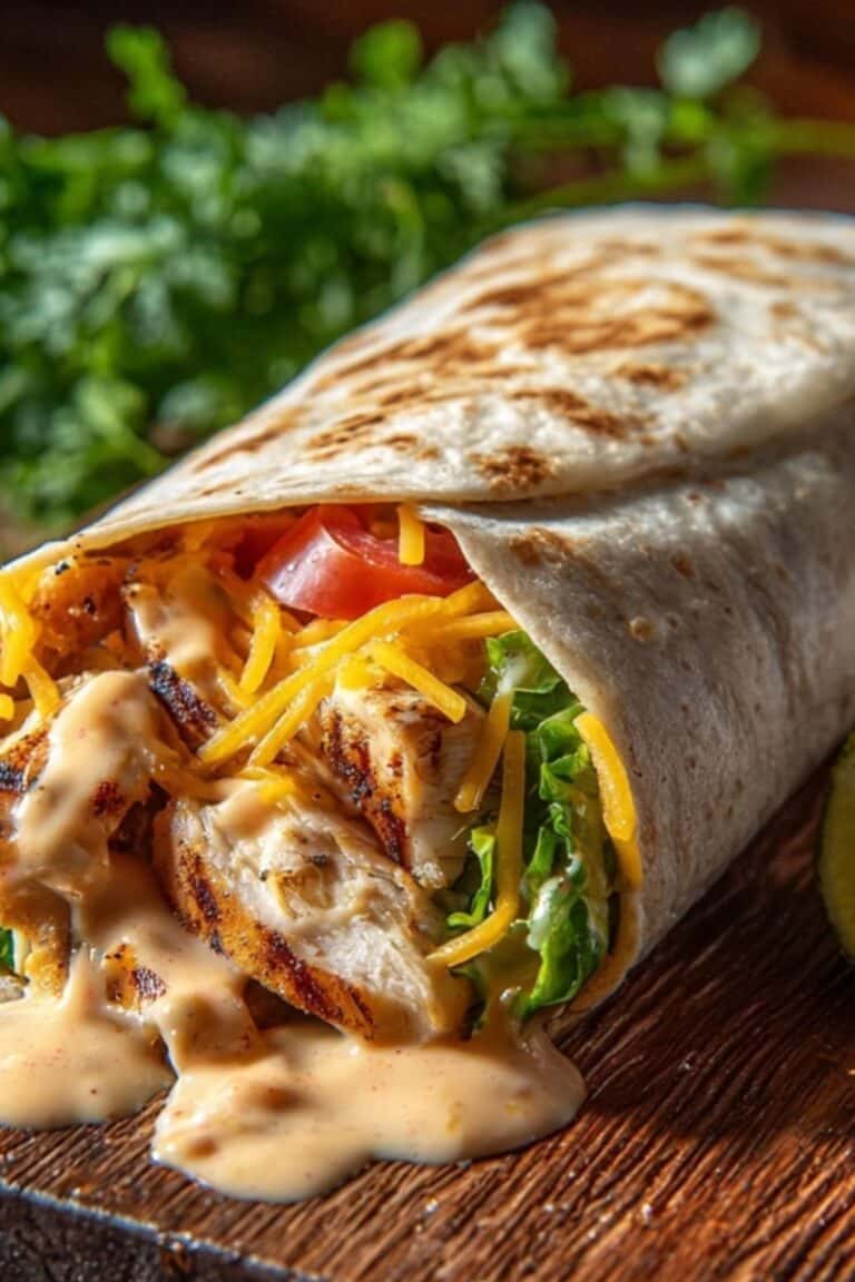 Chipotle Ranch Burrito sliced open on wooden board with sauce and limes