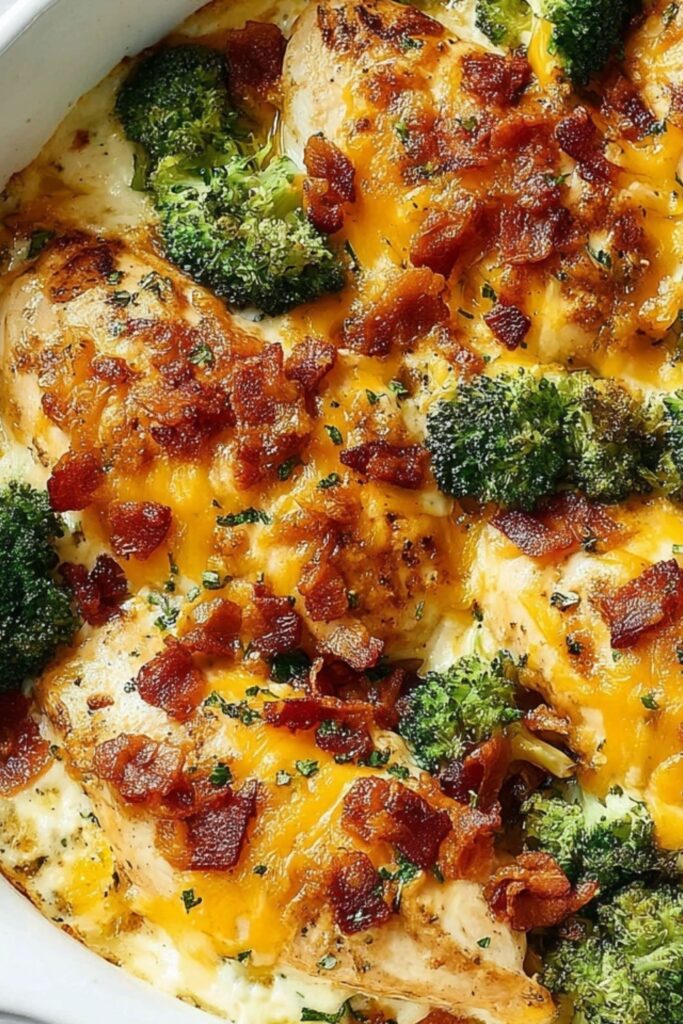 Easy Low Carb Chicken Casserole baked golden and cheesy in a white ceramic dish