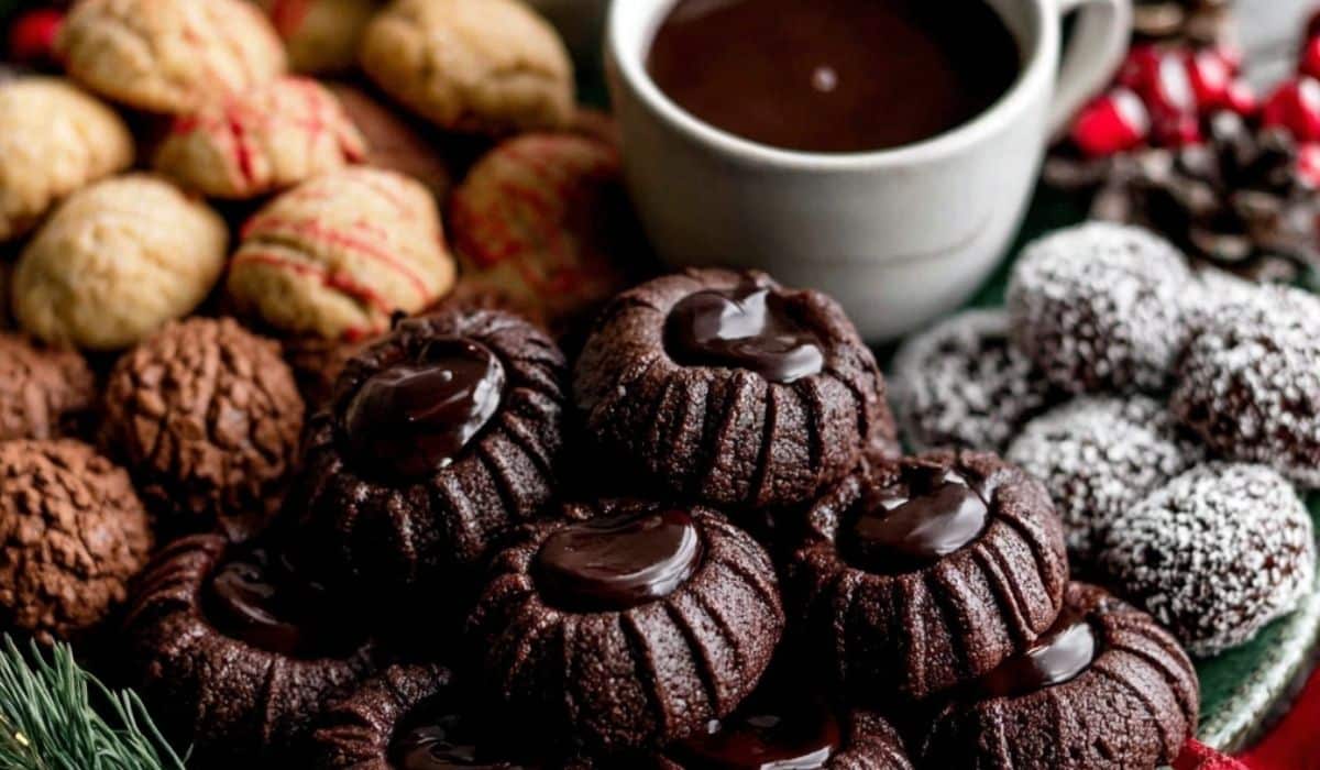 Chocolate Thumbprint Cookies stacked on a vintage plate in a cozy kitchen