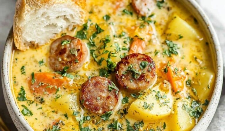 sausage potato soup steaming in rustic kitchen