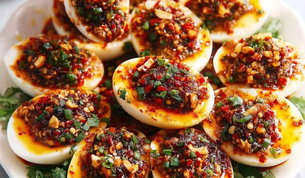 Spicy Chili Garlic Deviled Eggs on a dark slate plate with garnishes