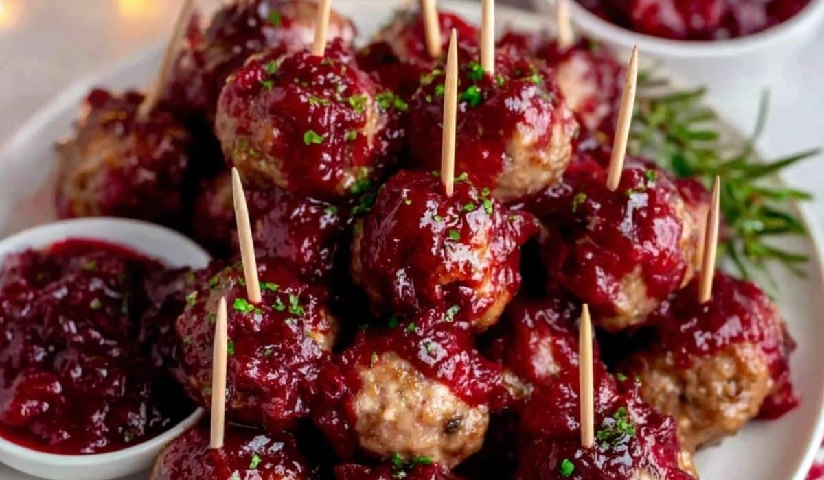 Cranberry meatballs served in a bowl with glaze and green onions