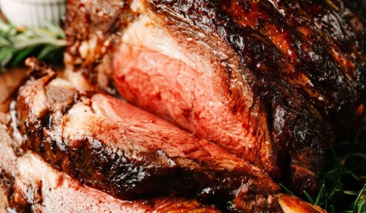 Classic Christmas Prime Rib holiday roast on festive table