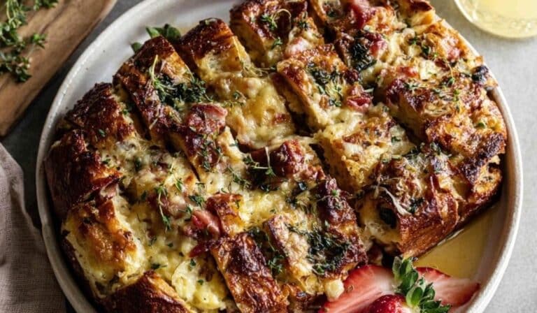 Buttery croissant strata in white ceramic dish