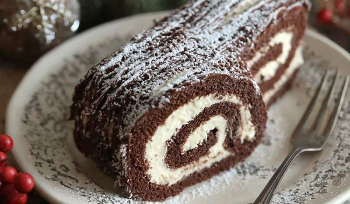 Traditional Chocolate Yule Log on wooden holiday table