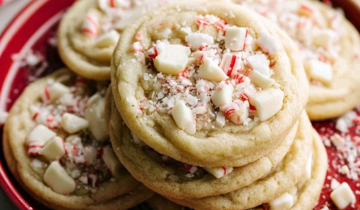 White Chocolate Peppermint Cookies on holiday tray