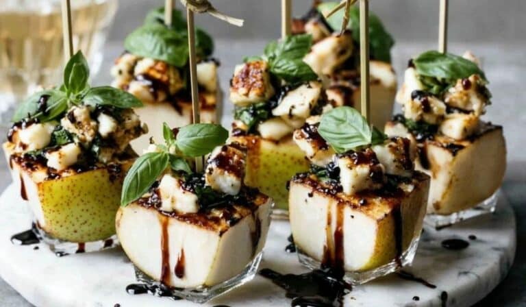 Pear & Brie Cheese Salad Skewers on rustic board