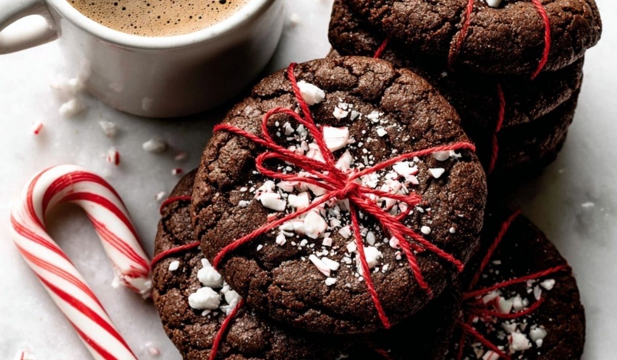 Peppermint Brownie Cookies on festive holiday tray