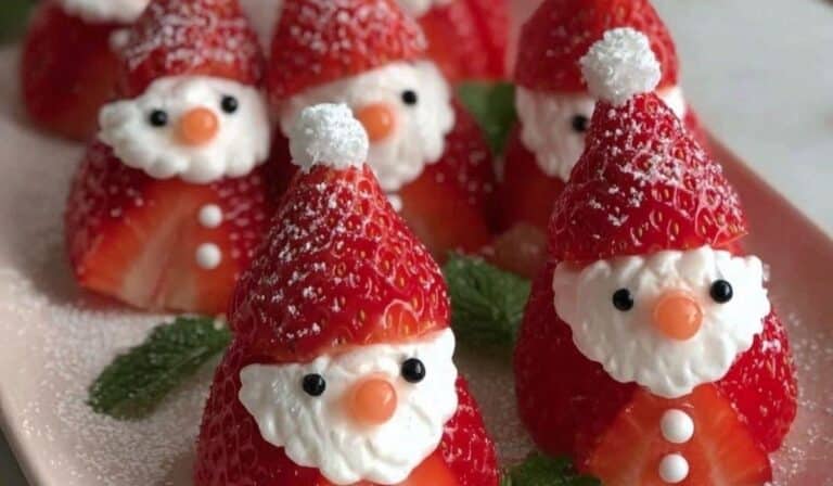 strawberry santa holiday dessert on kitchen table