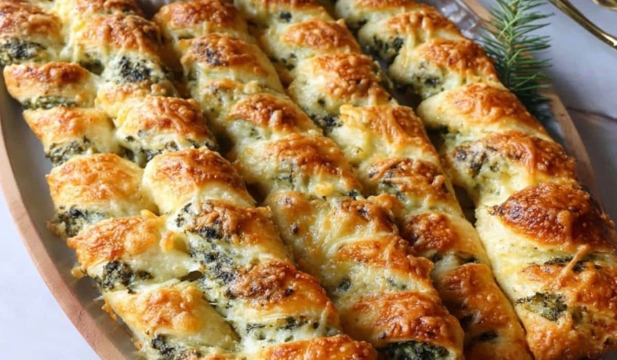 Christmas Tree Spinach Dip Breadsticks on festive board