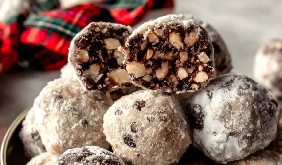 Bourbon Balls on rustic holiday table