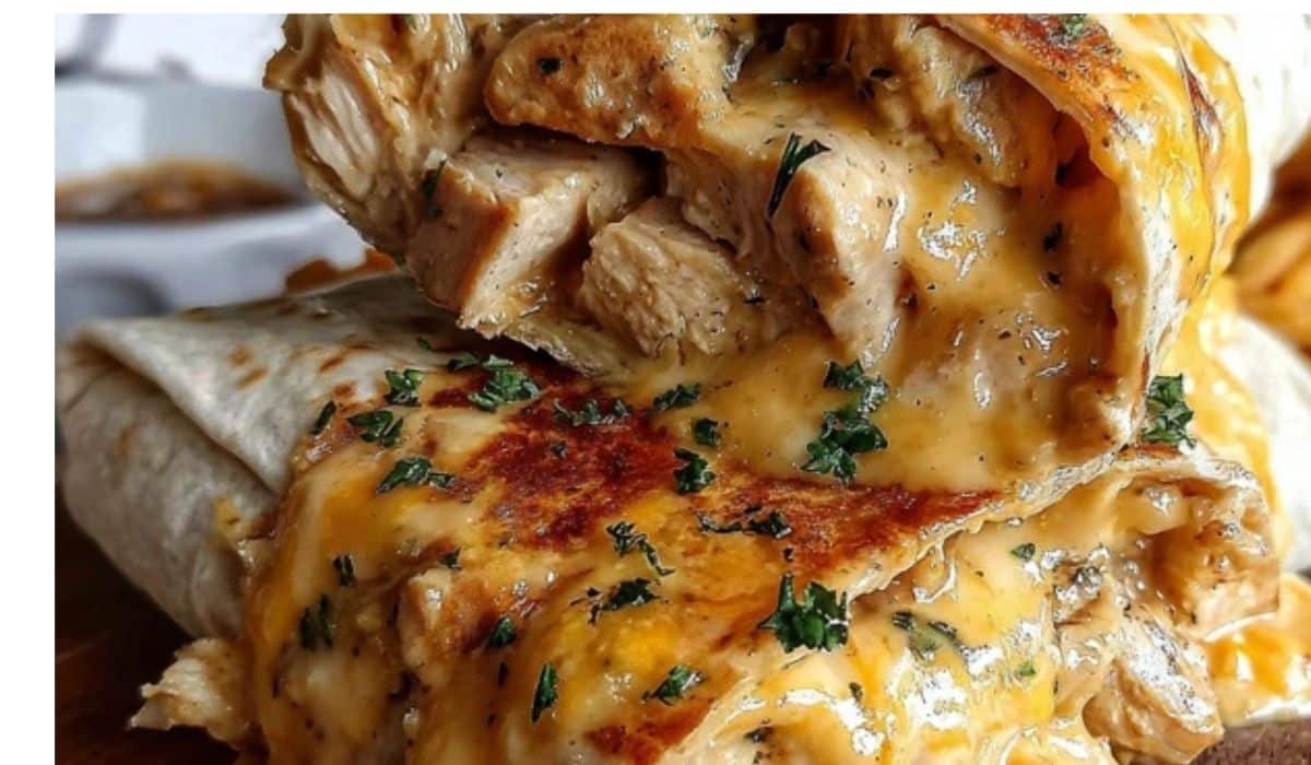 Quick Cheesy Chicken Wrap on rustic cutting board