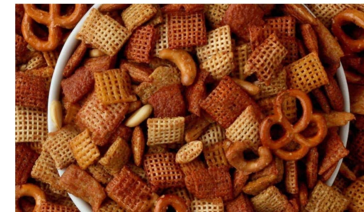 Homemade Chex Mix in rustic bowl