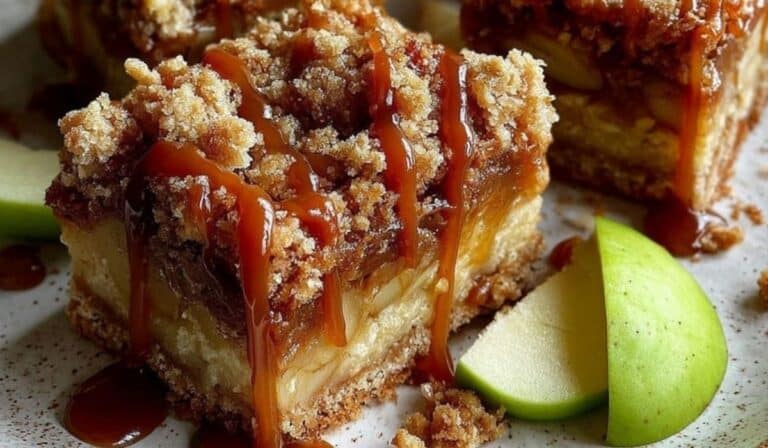 Salted Caramel Apple Crumble Bars freshly baked on rustic table