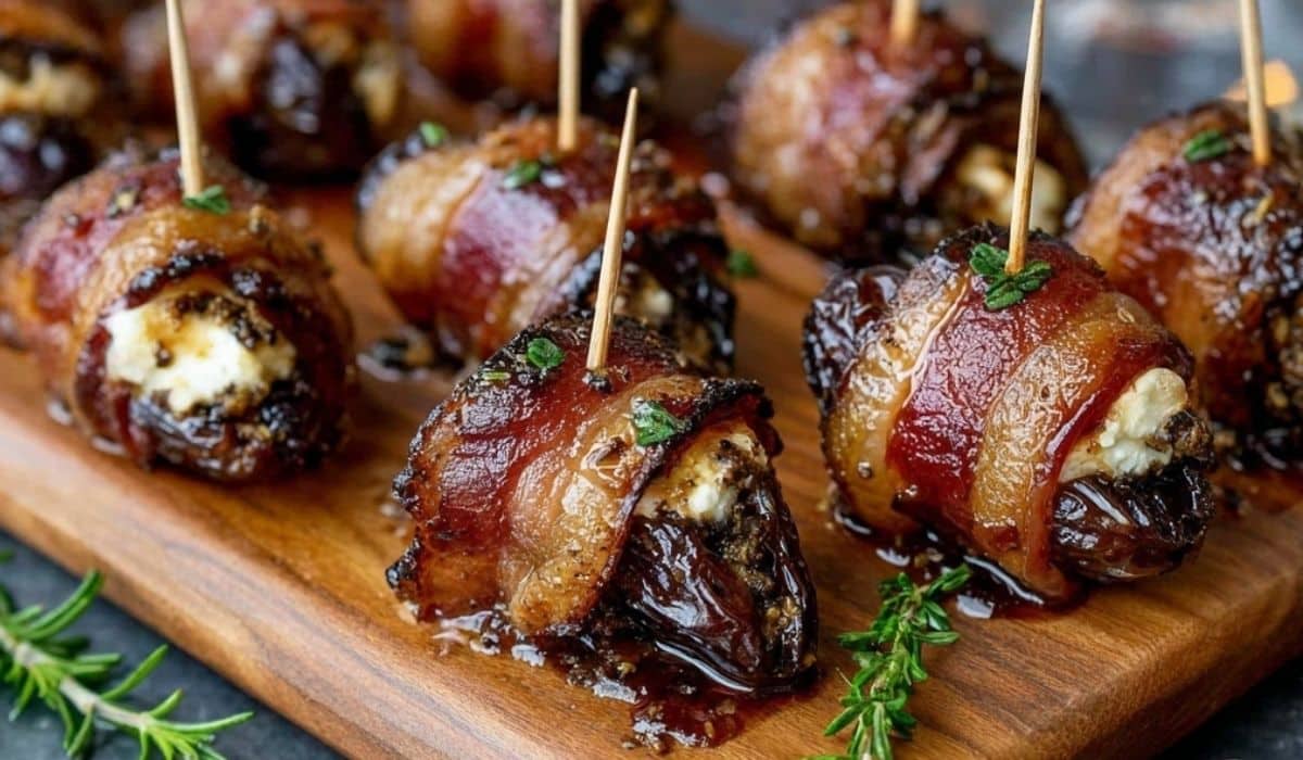 Bacon Wrapped Dates with Goat Cheese served on wooden board