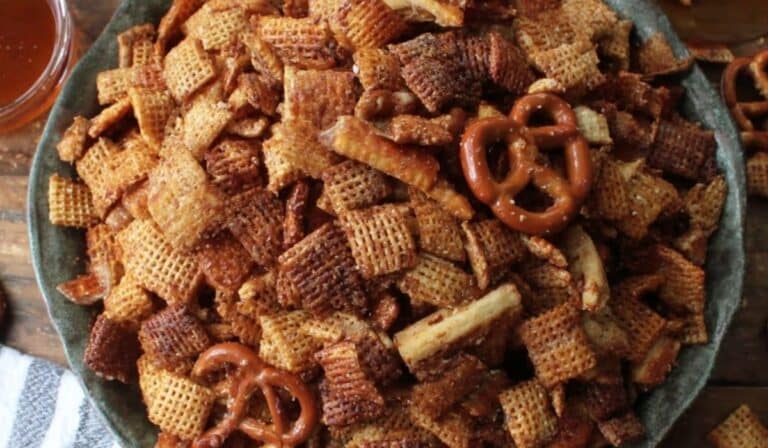 Honey Mustard Chex Mix in a rustic bowl