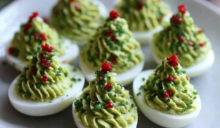 Deviled Egg Christmas Trees appetizer on festive platter