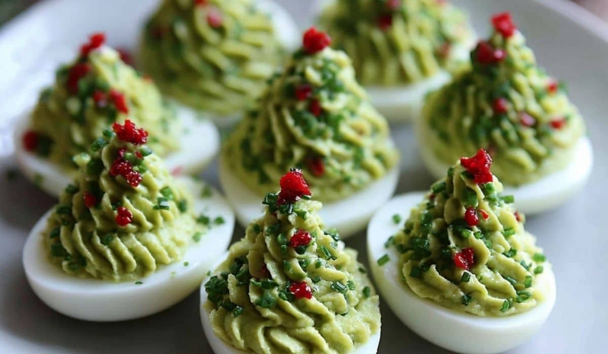 Deviled Egg Christmas Trees appetizer on festive platter