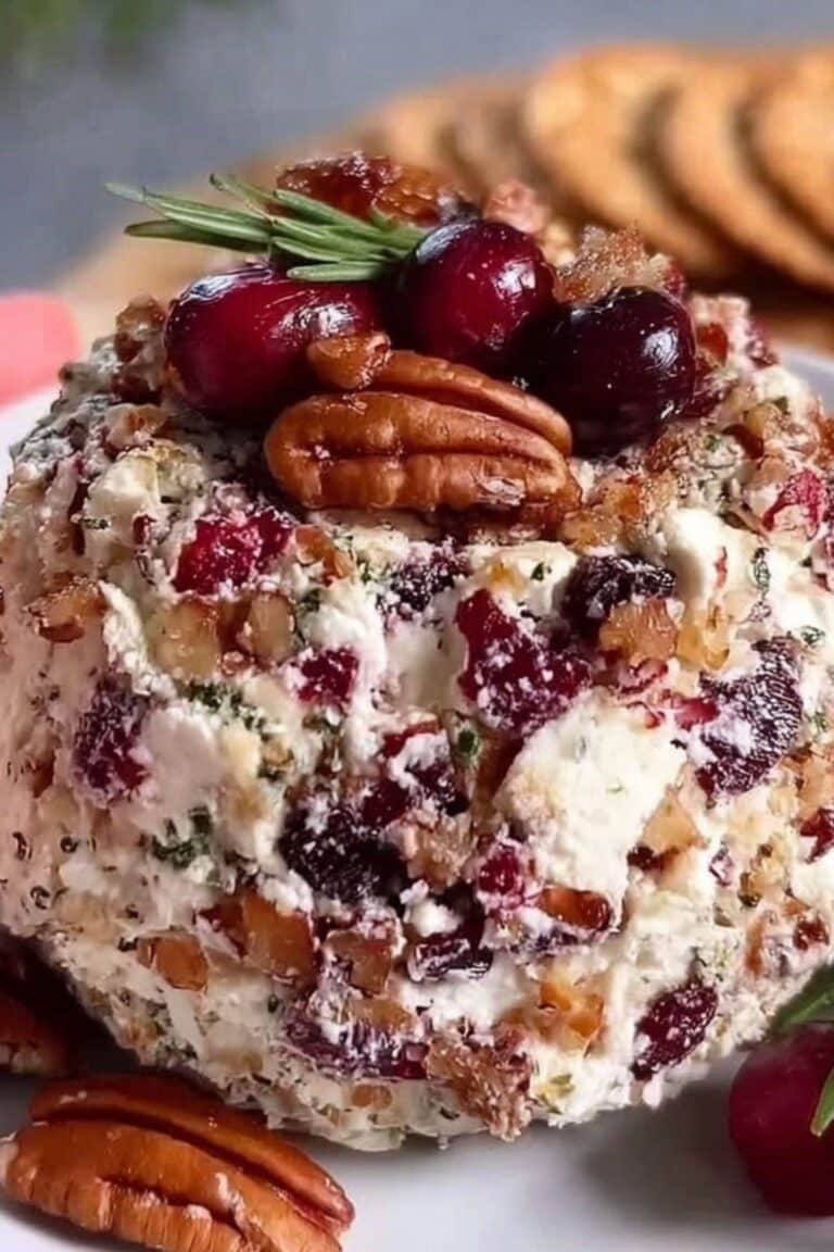 Cranberry Pecan Goat Cheese Ball served on a rustic board with rosemary and crackers