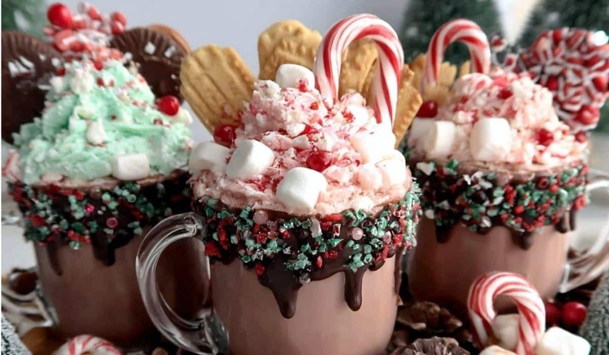 Christmas Chocolate Hot Cups with festive holiday background