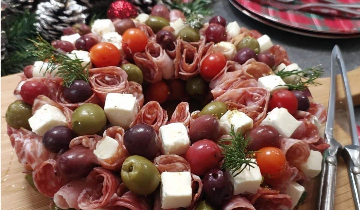 Christmas Antipasto Wreath on rustic holiday table
