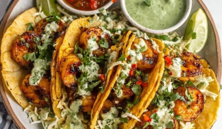 Cilantro Lime Shrimp Tacos with slaw and lime wedges on a serving board