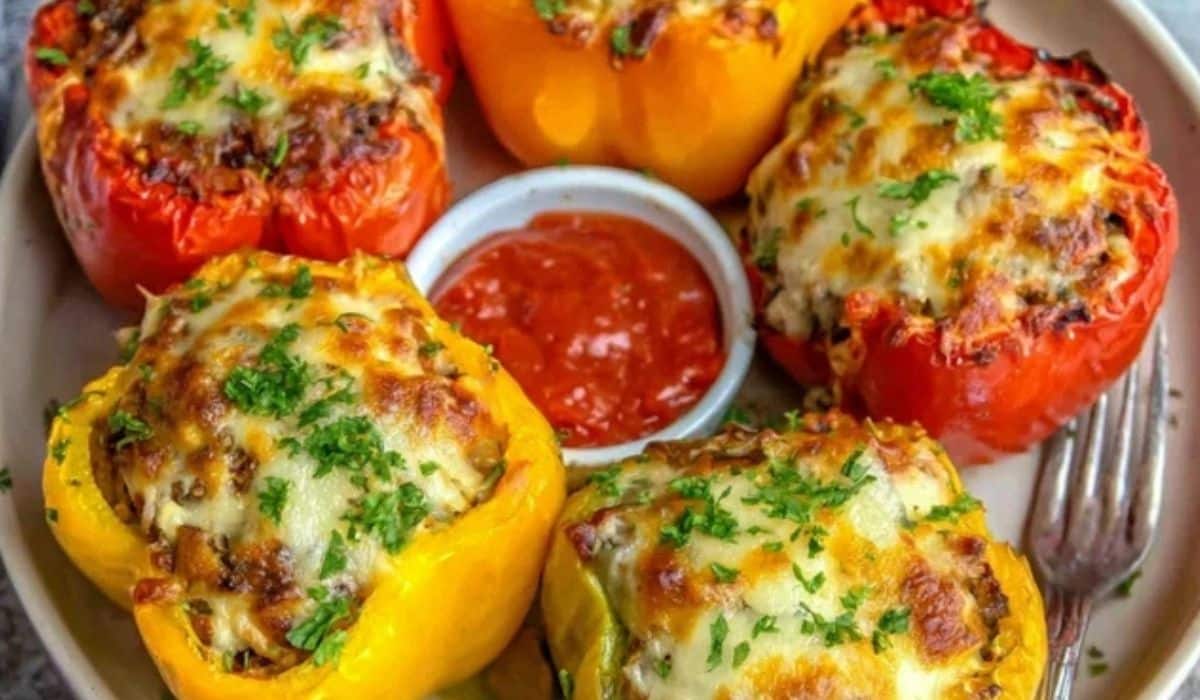 Stuffed Bell Peppers fresh out of the oven with melted cheese