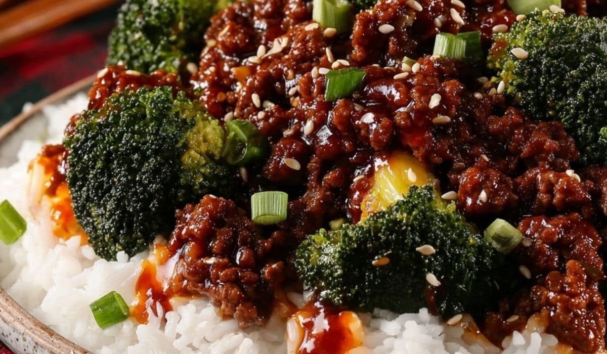 Honey Garlic Ground Beef and Broccoli served in a bowl over jasmine rice