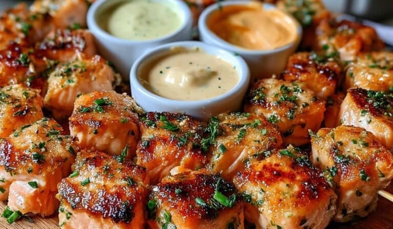 Salmon Bites served on a white plate with lemon slices and herbs