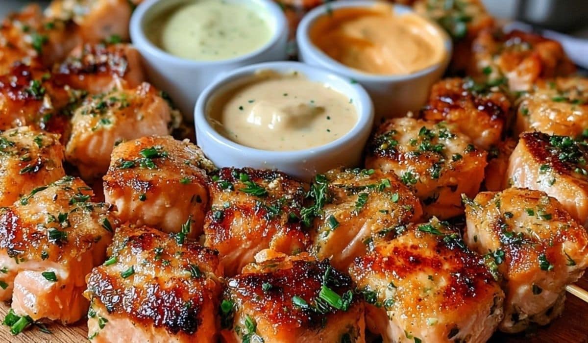 Salmon Bites served on a white plate with lemon slices and herbs