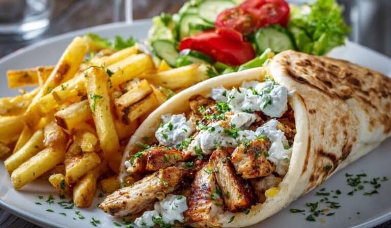 Greek Chicken Gyros with Lemon-Herb Marinade and Tzatziki served on a rustic platter