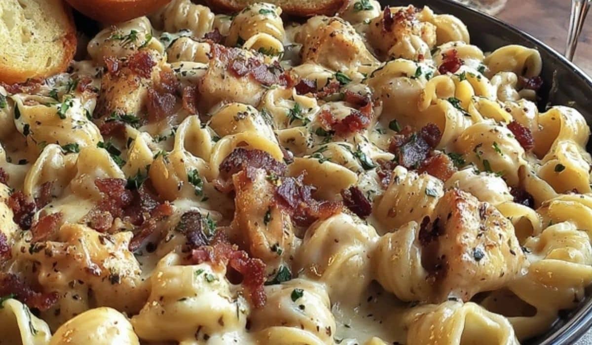 Chicken Bacon Ranch Pasta in a creamy sauce with bacon crumbles