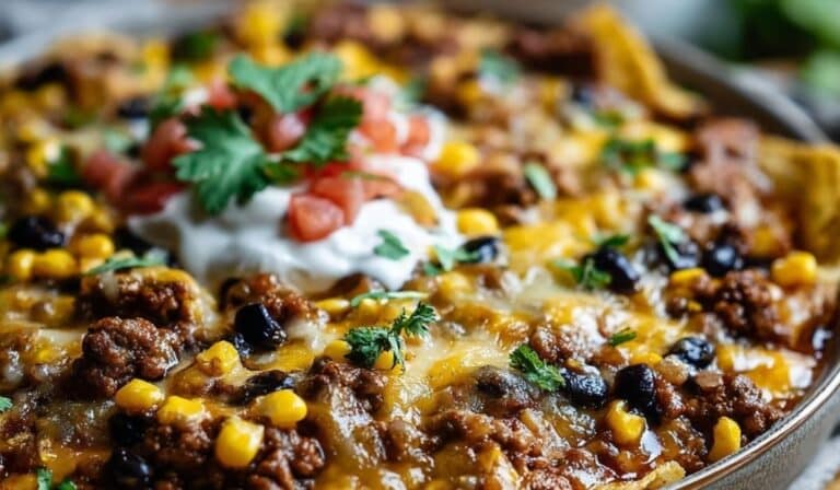 Crockpot Taco Casserole served hot in a rustic bowl