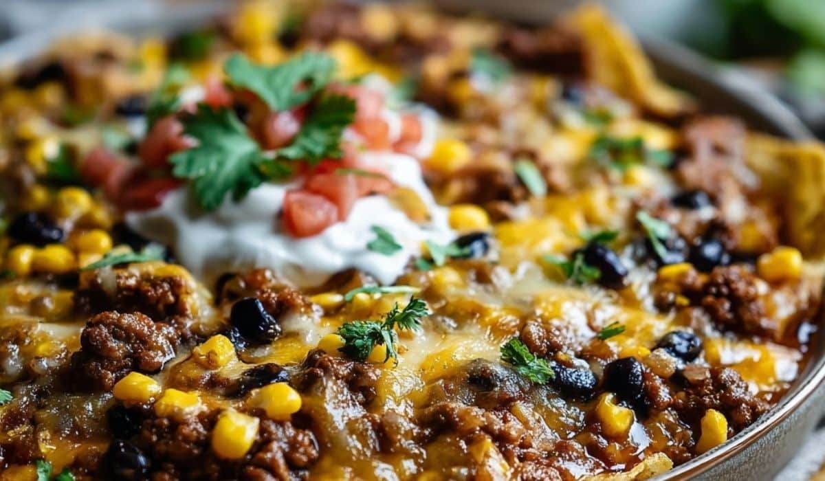 Crockpot Taco Casserole served hot in a rustic bowl