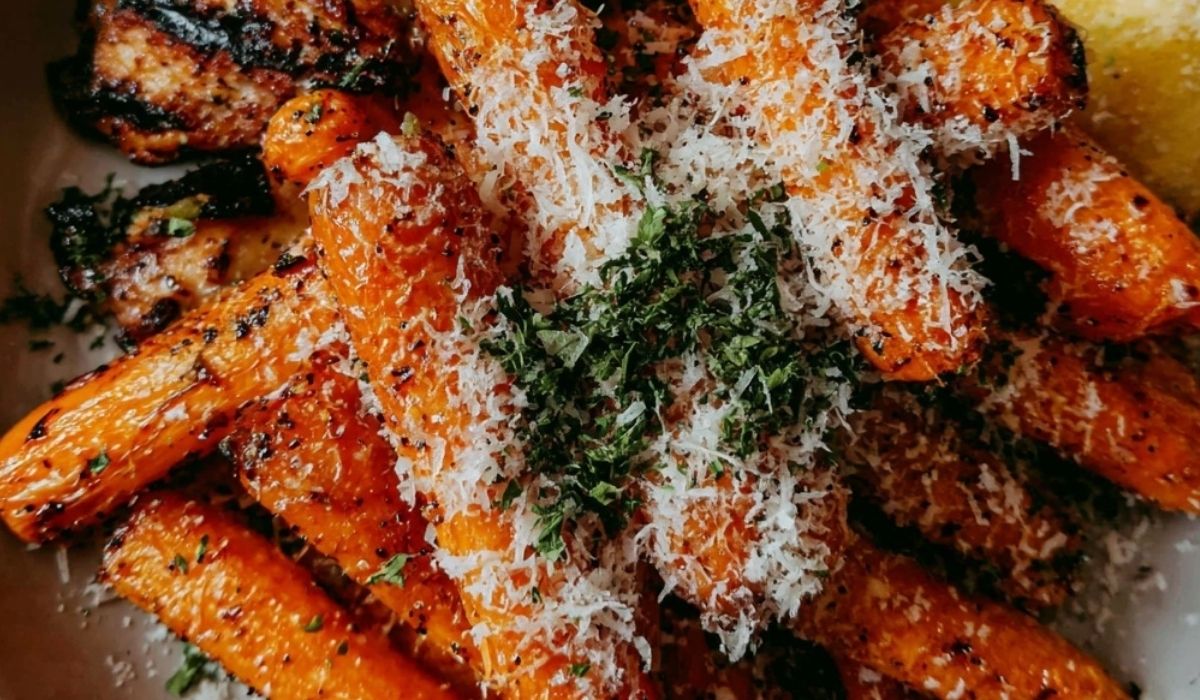 Roasted Garlic and Parmesan Carrots on parchment with golden edges