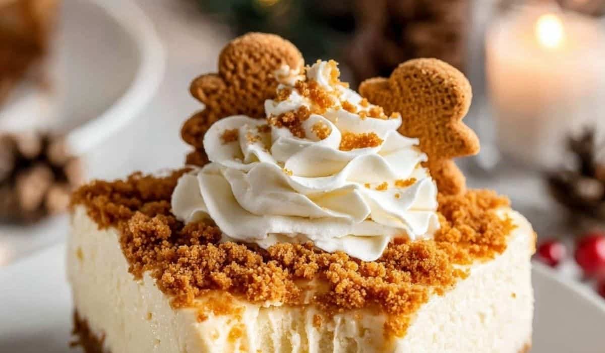 No-Bake Gingerbread Cheesecake topped with whipped cream and holiday spices