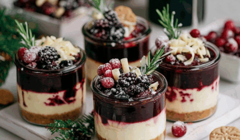 White Chocolate Cheesecakes with Mulled Wine Fruit on holiday table