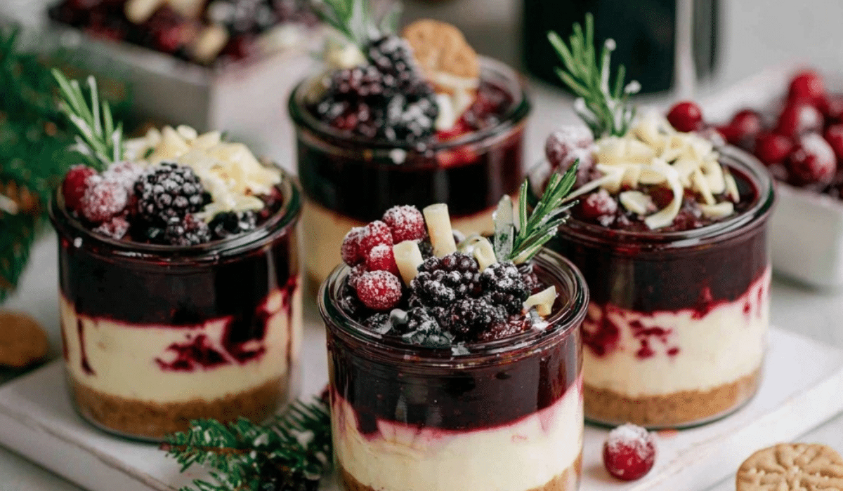 White Chocolate Cheesecakes with Mulled Wine Fruit on holiday table