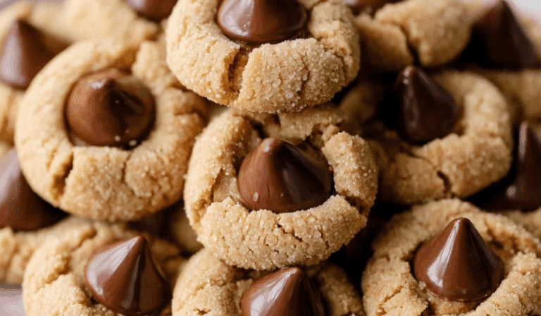 Classic Peanut Butter Blossoms stacked on a rustic plate