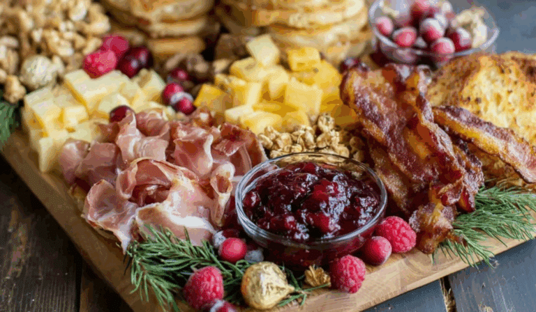 Festive Christmas Breakfast Charcuterie Board overhead view