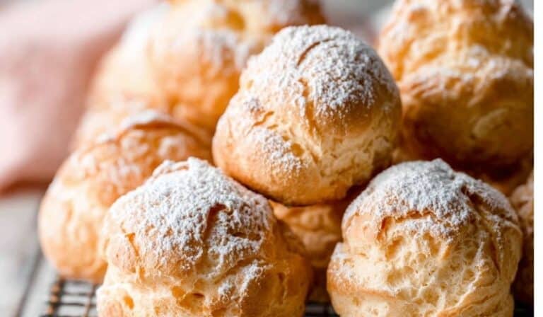 Freshly baked golden choux pastry puffs on wire rack