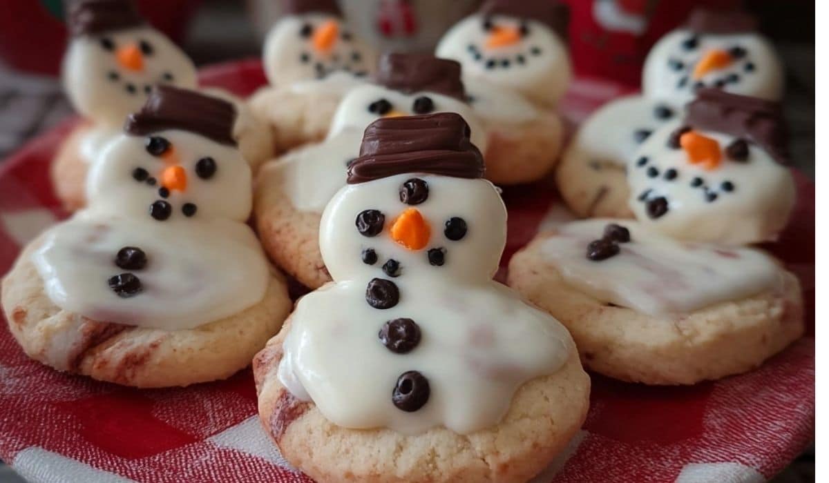 Melted Snowman Biscuits on a festive tray