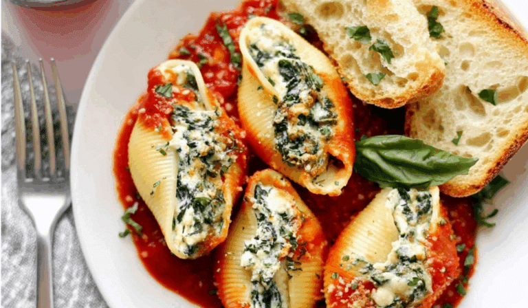 Stuffed Shells Recipe baked with cheese and marinara sauce