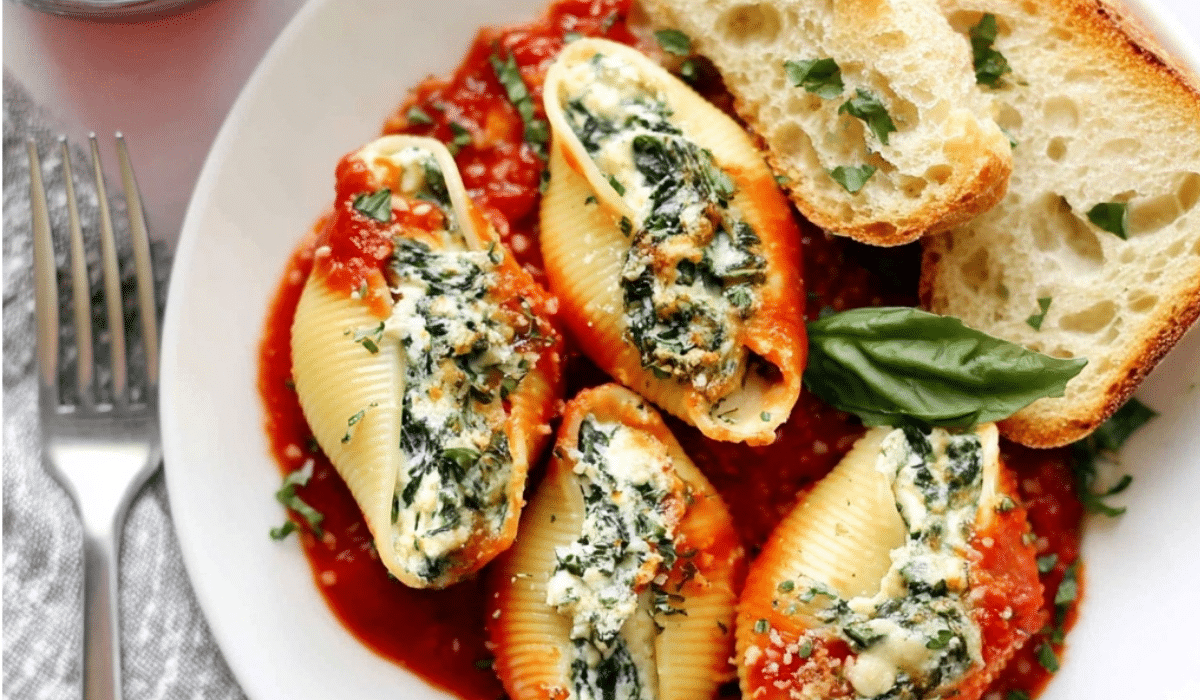 Stuffed Shells Recipe baked with cheese and marinara sauce