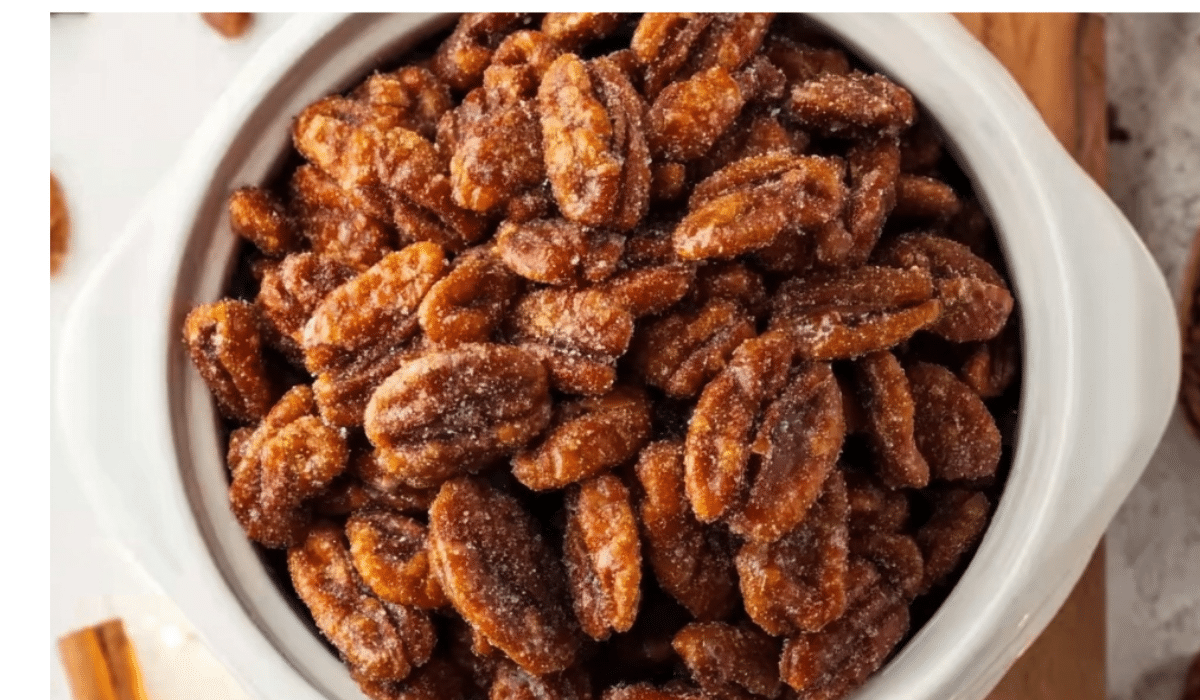 Slow Cooker Candied Pecans in rustic setting