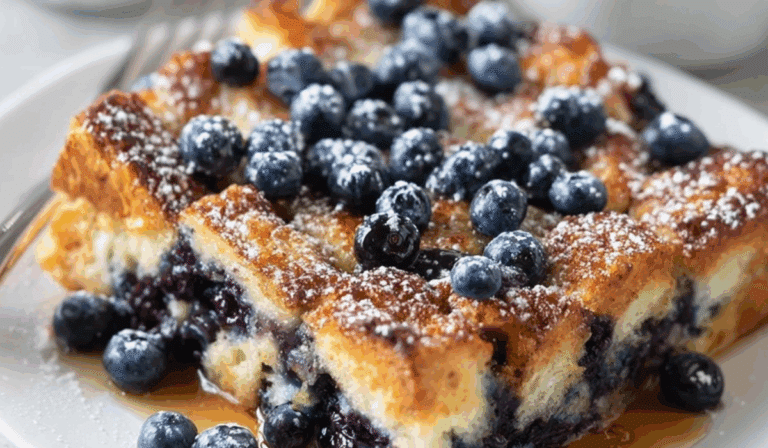 Overnight Blueberry French Toast Casserole in a white dish with fresh blueberries