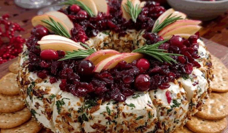 Brie cheese and cranberry Christmas wreath on holiday table