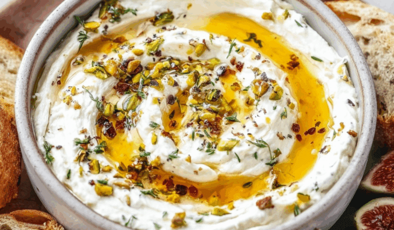 Delicious Ricotta Dip with Hot Honey served with crusty bread and figs