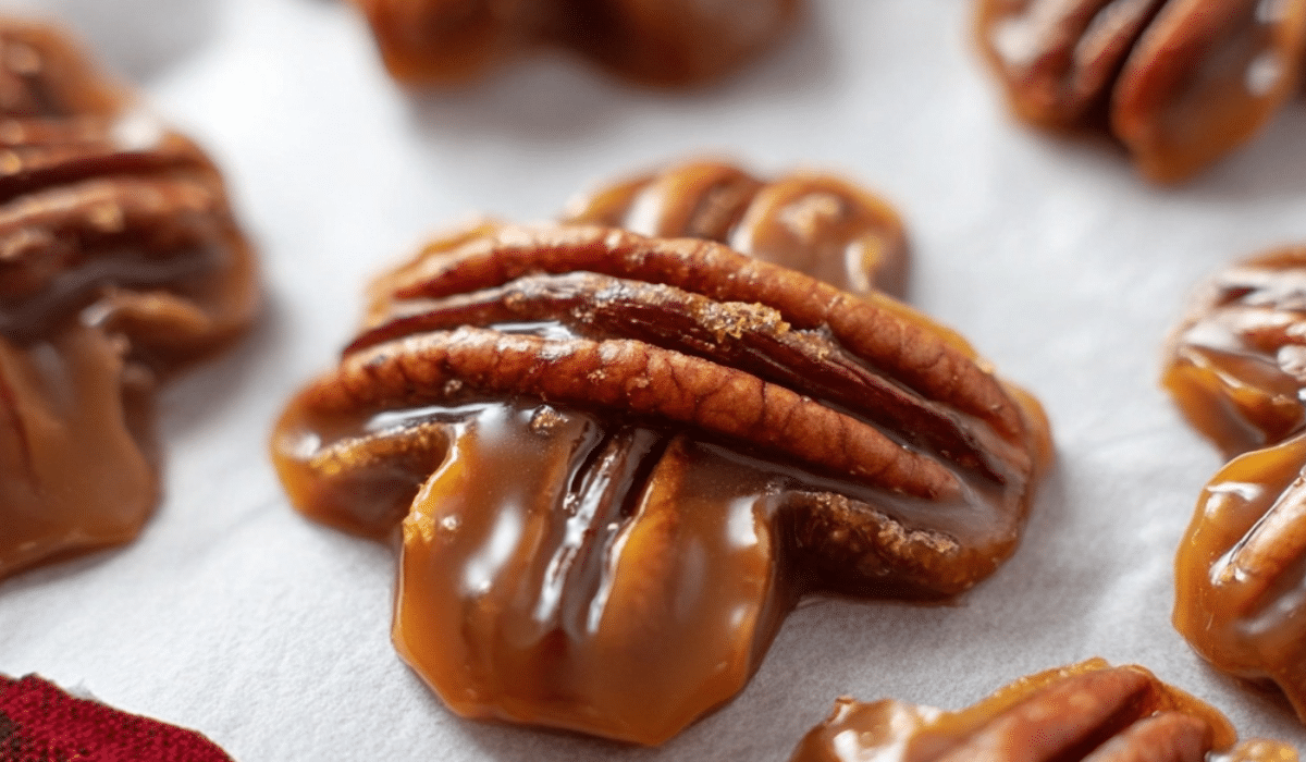 Homemade Turtle Candy on parchment